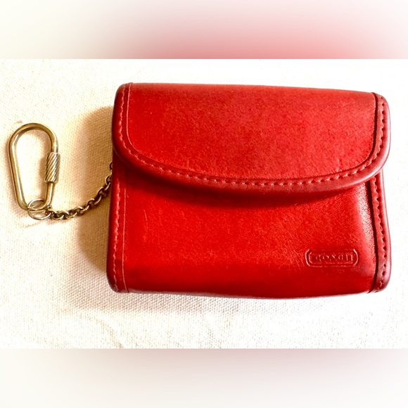 Vintage Coach Red Leather Multi Function Wallet Purse Keychain7219